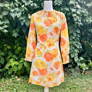 Vintage Vibrant Floral Mini Dress - Orange and Yellow